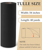 Black Tulle Fabric Roll, 54" x 40 Yards (120FT) Tulle for Halloween Decoration DIY Tutu Party Backdrop Baby Shower Table Skirts Gift Wrapping