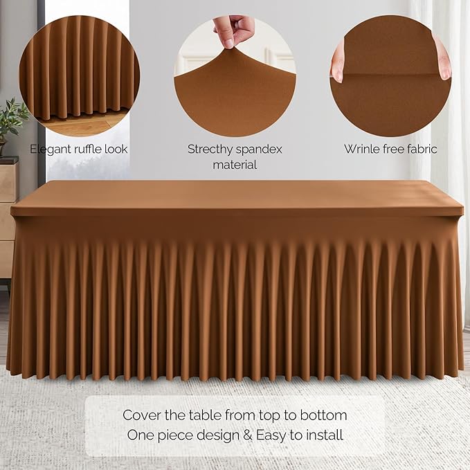 Wish Care 2 Pack Brown Spandex Table Clothes for 4 Foot Rectangle Tables, 4FT Wrinkle Free Fitted Tablecloths Ruffles Design Table Cover for Party, Banquet, Wedding and Events