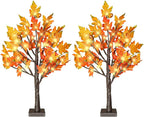 24 Inch Fall Lighted Maple Tree, 2FT Fall Tree with 36 LEDs, 6 Acorns, Timer Battery Operated, Thanksgiving Decorations Table Lights Tree for Autumn Wedding Party Gift Harvest Home