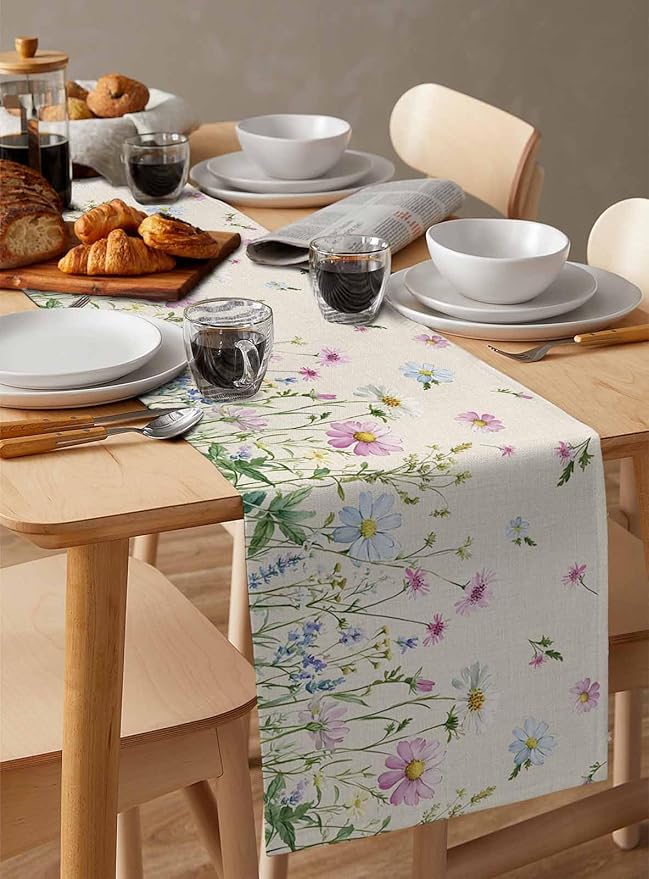 Vintage Wildflowers Cotton Linen Table Runner for Dining Kitchen, Wedding Outdoor Party Tablerunners Decoration, Farm Floral Pink Botanical Plants Dresser Scarf Coffee Tablecloth Runners 13x90 Inches