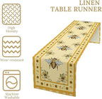 Honey Bee Table Runner, Farmhouse Yellow Sunflower Retro Summer Linen Tables Runners for Kitchen Dining Table Home Party Decor, 13x120inch