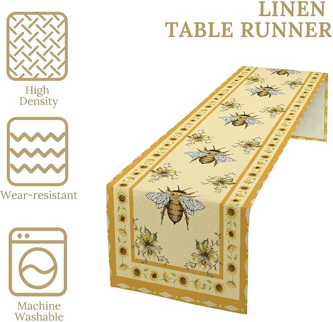 Honey Bee Table Runner, Farmhouse Yellow Sunflower Retro Summer Linen Tables Runners for Kitchen Dining Table Home Party Decor, 13x108inch