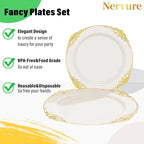 Nervure 350PCS Ivory Plastic Plates - Ivory Gold Plastic Dinnerware Sets for 50 Guests - 100 Gold Disposable Plates, 50 Pre Rolled Silverware Sets, 50 Cups Perfect for Wedding & Thanksgiving