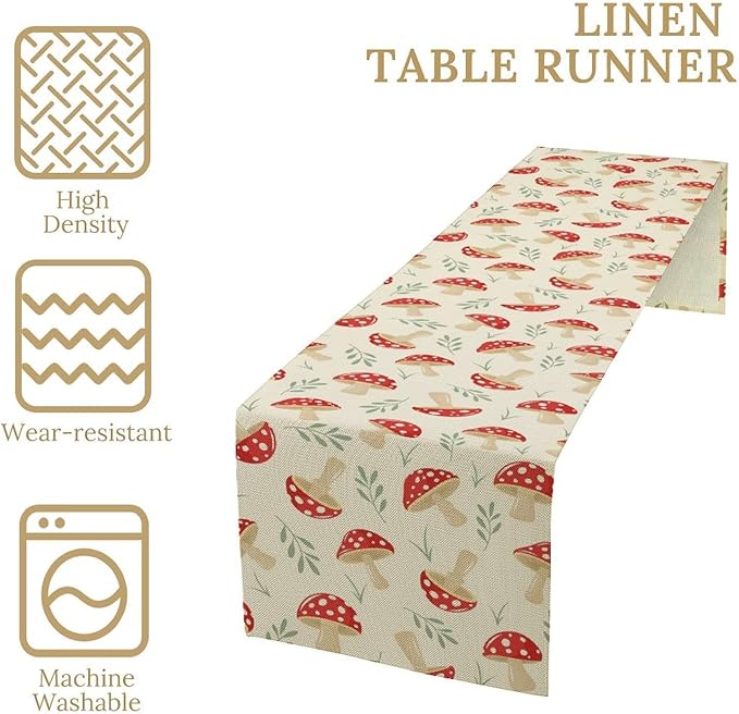 Mushroom Table Runner,Vintage Plant Print Table Runner for Kitchen Dining Table Home Party Decoration 13x108 Inch