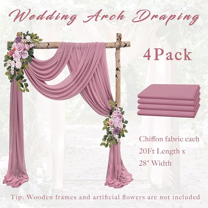 Dusty Rose Wedding Arch Draping Fabric 4 Panels 20Ft Length x 28" Width Arch Drapes Chiffon Fabric Sheer Curtains Backdrop for Party Bridal Decorations Wedding Ceremony Ceiling Stage Reception Decor