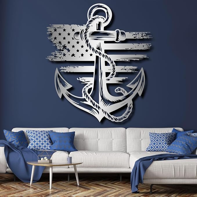 lunwall Metal Anchor Wall Decor, Anchor Metal Sign, Metal Anchor Decor, Anchor Metal Wall Art, Metal Nautical Wall Decor, Metal Wall Decor Coastal, Anchor Wall Decor (silver, 30L x 27W / 76 x 69 cm)