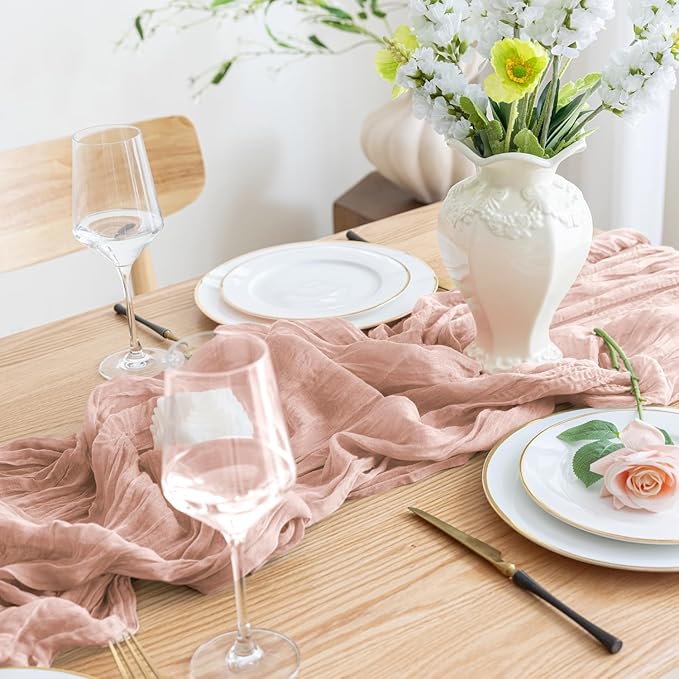 Asee'm 3pcs Cheesecloth Table Runner 120 Inches Dusty Pink Boho Gauze Cheese Cloth Runner 10FT Rustic Sheer Fall Table Runners for Thanksgiving Wedding Baby Shower Holiday Party Decoration