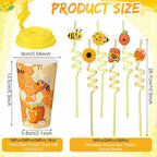 Yungyan 36 Sets Honey Bee Party Favors Goodie Cups with Lids and Straws for Birthday Decorations Reusable 16oz Plastic Candy Cups Plastic Straws for Birthday Party(Bee)
