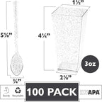 Ilyapa 3oz Plastic Dessert Cups - 100 Pack Mini Dessert Cups with Spoons - Clear Reusable Small Appetizer Cup for Cheesecake Shooters, Chocolate Mousse - Party and Catering Supplies - Square Silver