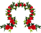 UKELER 2 Pack 14FT Artificial Rose Vines Red Flower Garland Artificial Rose Flowers with Green Leaves Floral Plant for Wedding Arch Party Garden Craft Home Decor