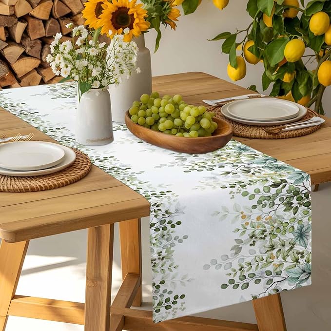 Sage Green Eucalyptus Cotton Linen Table Runner for Dining Kitchen, Farmhouse Leaves Wedding Outdoor Party Tablerunners Decoration Botanical Floral Dresser Scarf Coffee Tablecloth Runners 13x90 Inches