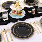 Hioasis 60pcs Black Plastic Plates - Black and Gold Disposable Dinnerware with Gold Rim, Heavy-duty, 7.5 inch, Dessert Plates for Party & Halloween