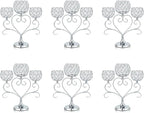 6 Pcs Silver 3-Arm Heart Tea Light Candle Holder - Crystal & Metal Wedding Centerpiece Decor, Sparkling Table Decor for Anniversaries/Romantic Tabletop Home/Dinner Party/Events