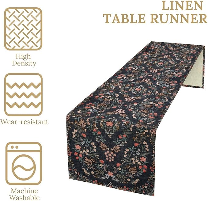 Morris Flower Table Runner, Vintage Blue Floral Rustic Country Style Floral Print Pattern for Home Kitchen Table Decor Dining Coffee Room Garden Party Decor 13x90in