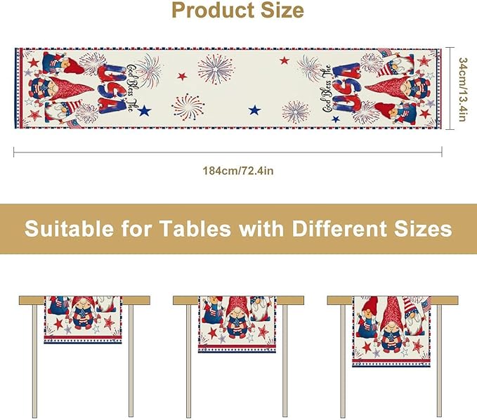 Cute Patriotic Gnomes Table Runner, American Independence Day 4th of July Gnome Blue Red Fireworks Confetti Print Table Runner for Home Kitchen Dining Table Party Decor, 13x60inch