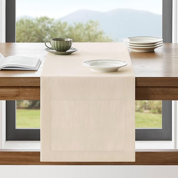 ZeeMart Linen Textured Border Table Runner, 14 x 108 Inch Cream, Farmhouse Style Cream Table Runners 108 Inches Long, Easy Care Everyday Polyester Table Runner
