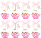 24 PCS Bow Cupcake Toppers Bowknot Coquette Bow Girls Birthday Cake Decorations Bow Cake Toppers Bowknot Cupcake Picks for Baby Shower Birthday Wedding Bridal Engagement Party Supplies Pink