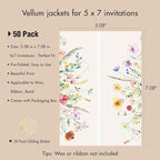 50 Pack Pre-Folded Vellum Jackets for 5x7 Invitations,AZAZA Pretty Translucent Invitation Sleeves,115GSM Vellum Jackets 5x7, Wedding Invitation Accessories,for Weddings Birthdays,Wildflowers