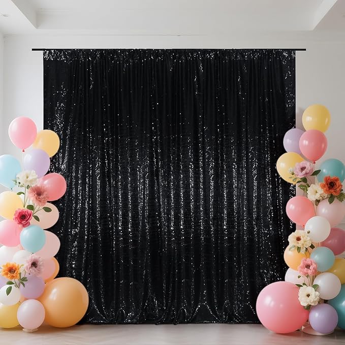 SquarePie Sequin Backdrop Less See Through Thick Background Glitter Curtain for Halloween Party 7FT x 7FT Black
