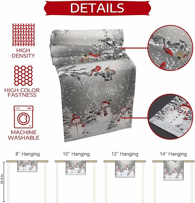 Christmas Snowman Cotton Linen Table Runner for Dining Kitchen, Snowflakes Xmas Pine Tree Wedding Outdoor Party Tablerunner Decoration Winter Bird Dresser Scarf Coffee Tablecloth Runners 13x108 Inches