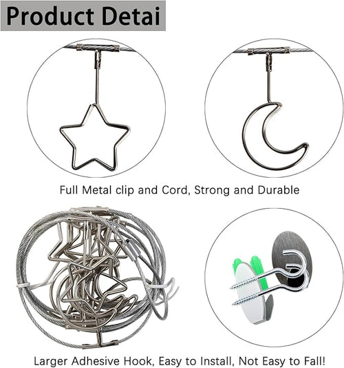 2 Pack Chain Photo Clip Hanging Photo Display Wall Photo Display Metal Photo String with 12 Clips Wall-Mounted Picture Holder for Hanging Painting Family Photos Artworks (Silver-Star and Moon)