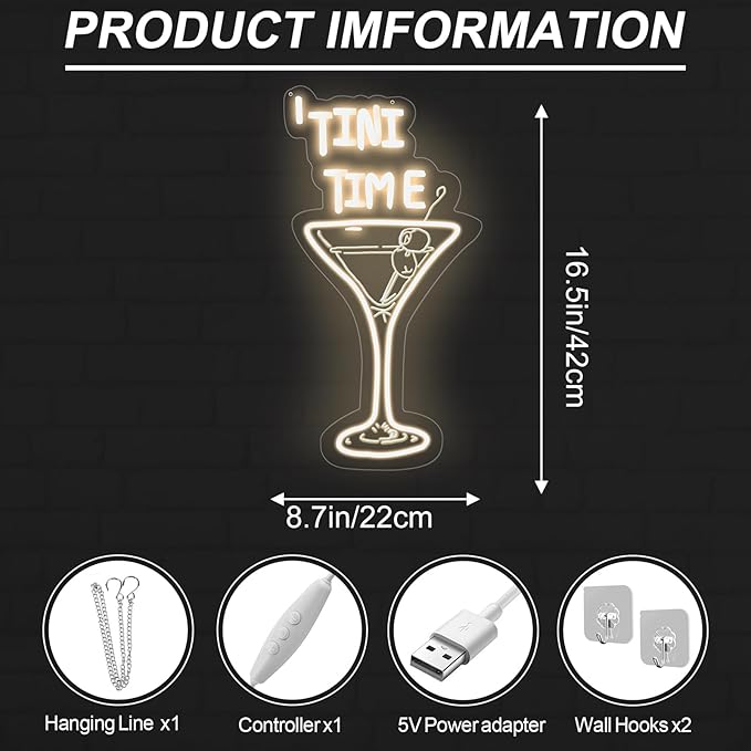 Tini Time Neon Sign, Martini LED Neon Sign for Bars, Elegant Cocktail Glass Neon, Martini Cocktail Bar Wall Decor, Bar Wall Art, Pub neon, 16.5"x8.7", Warm White