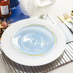 100PCS Transparent Blue Gold Plastic Plates, 7 Inch Heavy Duty Disposable Dessert Plate with Gold Rim, Round Appetizer/Salad Plates for Wedding, Party, Camping, Picnic