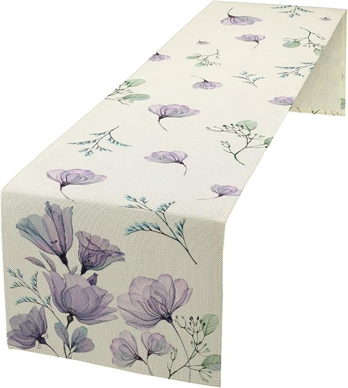 Poppy Flower Table Runner, Watercolor Purple Floral Leaves Seasonal Spring Summer Table Runner for Kitchen Dinning Table Runner Decor Home Wedding Party Holiday, 13x36 Inch