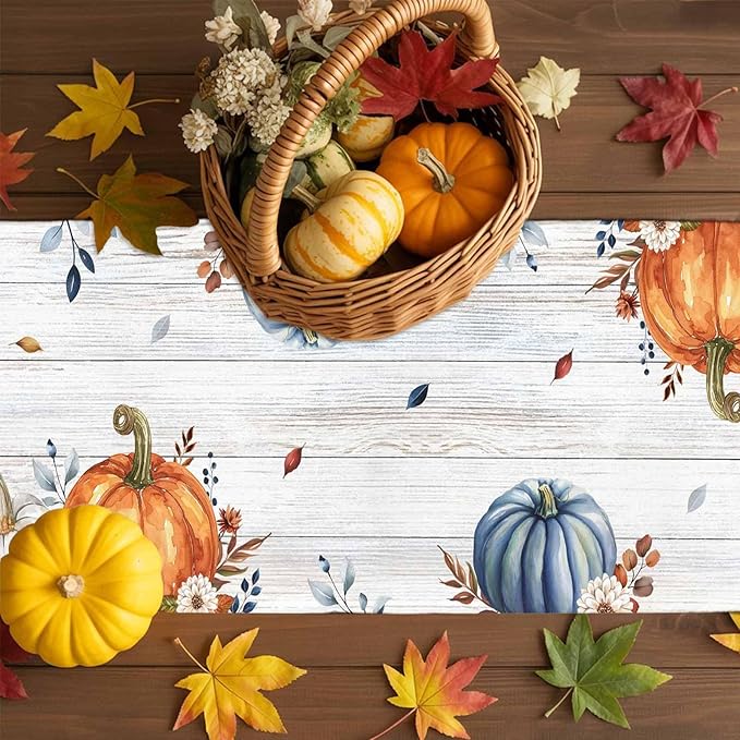Thanksgiving Fall Cotton Linen Table Runner for Dining Kitchen, Pumpkins Eucalyptus Wedding Outdoor Party Tablerunners Decoration Farmhouse Wooden Dresser Scarf Coffee Tablecloth Runners 13x120 Inches
