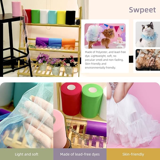 Swpeet 6 Inch by 100 Yards Pink Tulle Fabric Roll, Fabric Spool Tulle Ribbon, Netting Polyester Spool Ideal for DIY Handmade Birthday Party Wedding Decorations Christmas Craft Supplies