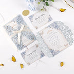 50pcs Laser Cut Wedding Invitation Pockets 5x7 '' Dusty Blue Wedding Invitations Kit With Envelopes Blank Inner Sheet and Ribbon for Wedding Bridal Shower Quinceanera Engagement Party Invite