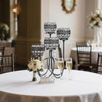 4 Arms Crystal Candelabra Tealight Holder - Tall 15.7 Inch Elegant Centerpiece with Crystal Pendant Bowls & Artistic Metal Stand for Wedding, Dining Table, Home Decor (1, Black)