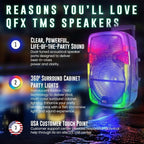 Crystal Clear Sound, Bright Party Lights, Portable & Easy to Use | 8" Rechargeable Bluetooth PA Karaoke Loud Party Speaker, 5-Hour Playtime | TWS, USB, TF, AUX, FM Radio | QFX | TMS-853
