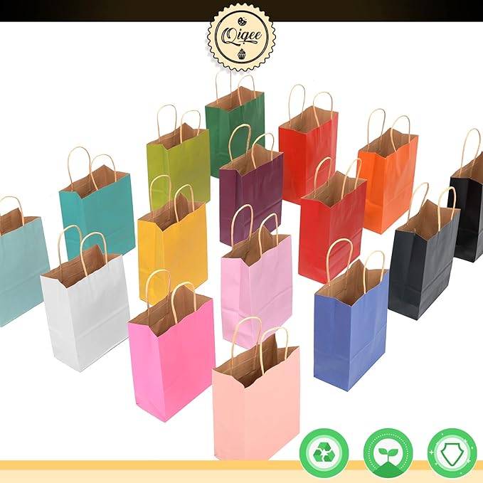 qiqee 100Pcs Medium Size Paper Gift Bags with Handles - 11"x8.3"x4.3" Kraft Small Party Bags - 16 Solid Colors