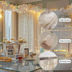 10×10ft Tulle Backdrop Curtains with Lights String - 300LED Fairy Lights Sheer Curtain Backdrop for Weddings Baby Shower and Birthday Party Decorations(6 Panels 5×10ft)