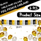 6 Pack 10 Feet Black Gold Silver Foil Fringe Garland Metallic Tinsel Streamers Banner Wall Hanging Backdrop Banner for Parade Floats, Thanksgiving, Christmas, Birthday, Halloween Party Decorations