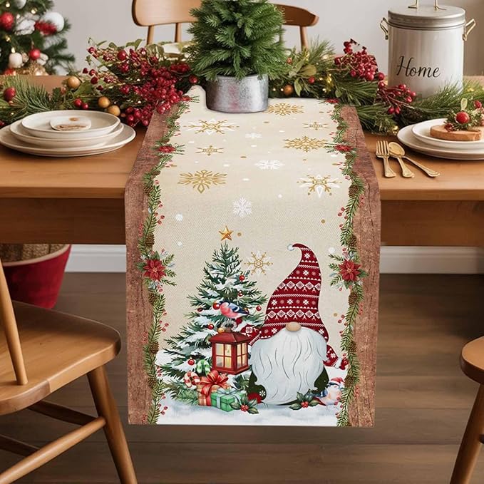 Christmas Gnomes Cotton Linen Table Runner for Dining Kitchen, Xmas Pine Tree Snowflake Rustic Wedding Outdoor Party Tablerunners Decoration, Retro Wood Dresser Scarf Tablecloth Runners 13x48 Inches