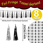 8P Black Silver Foil Fringe Metallic Tassel Streamers Banner Tassel Garland for Parade Floats, Graduation, Wedding, Birthday, Halloween, Christmas, Bridal/Baby Shower Party Decorations