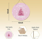CGBHW Pink Christmas Tree Wooden Sign, Winter Holiday Theme Hanging Sign Wall Decor for Girls Room Home College, Aesthetic Christmas Xmas Snowflake Door Decor 12 x 6 Inch