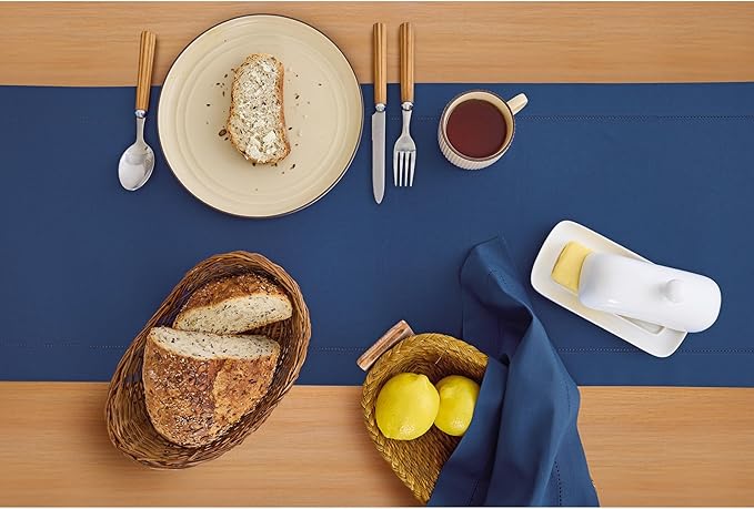 Solino Home Cotton Linen Lapis Blue Table Runner 72 Inches Long - Hemstitch Table Runner 14 x 72 Inch for Dresser, Dining, Fall, Autumn, Halloween