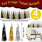 4P Black Gold Silver Foil Fringe Tassel Garland Banner Metallic Tinsel Streamers Wall Hanging Curtain Backdrop Banner for Parade Floats, 2025 Graduation Decorations,New Years Decorations, Father' Day