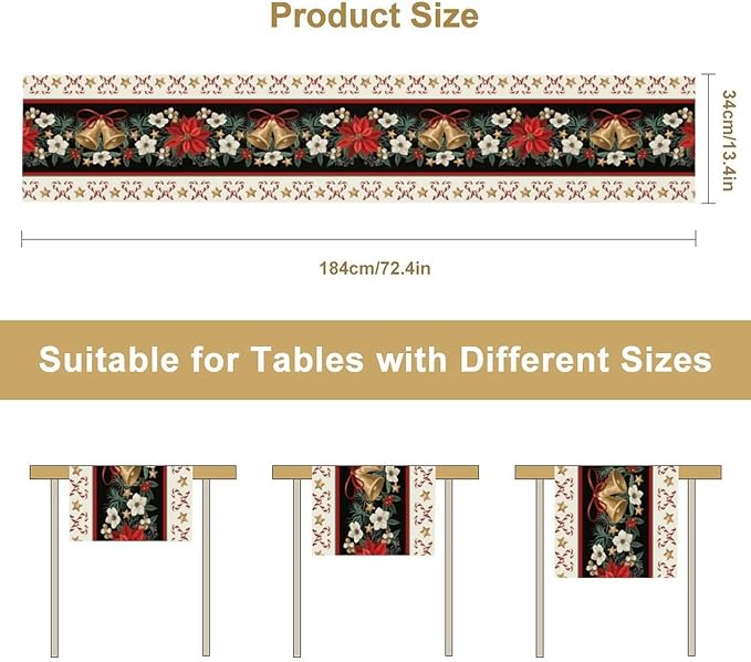 Christmas Table Runner, Xmas Holiday Seasonal Winter Table Cloth Kitchen Dining Table Decoration for Home Party Decor 13x70 Inch