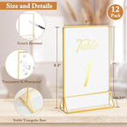 Floroom 12 Pack 5x7 Inch Clear Acrylic Sign Holders, Double-Sided Gold Display Stand Picture Frames for Table Numbers, Menus, Flyers, Weddings, and Offices