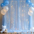 10×10ft Blue Tulle Backdrop Curtain with Lights String for Parties, Sheer Photo Curtain Backdrop Drapes for Wedding Party Photography Backgrounds