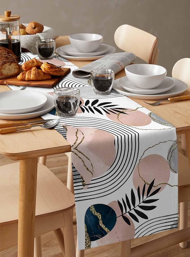 Modern Boho Cotton Linen Table Runner for Dining Kitchen, Wedding Outdoor Party Tablerunners Decoration, Abstract Bohemian Tropical Palm Leaf Dresser Scarf Coffee Tablecloth Runners 13x120 Inches