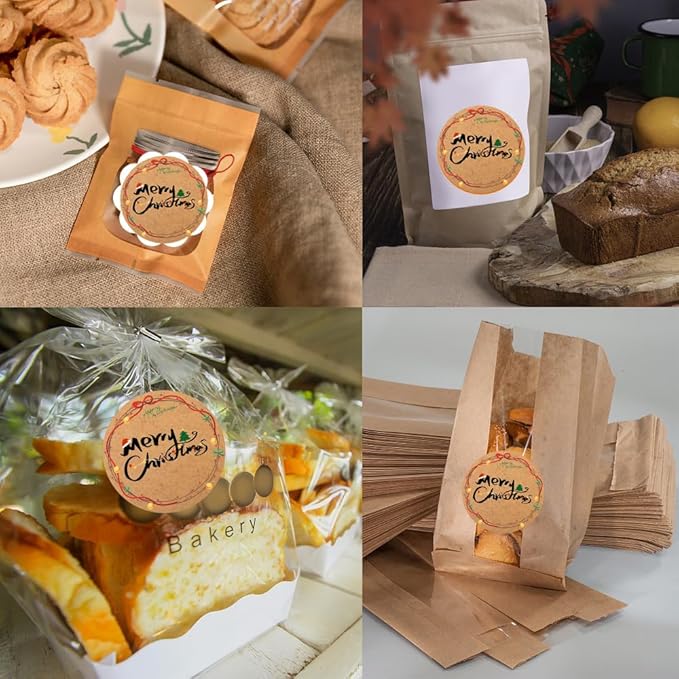 100-1000pcs Custom Stickers Merry Christmas Stickers Personalized Labels Adhesive Xmas Decorative Envelope Seals Stickers for Cards Gift Boxes(Round Kraft-12)