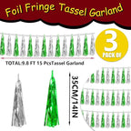 3P Metallic Fringe Tassel Banner Garland Foil Tinsel Streamer Wall Hanging Curtain Backdrop Banner for Parade Floats, Graduation Decorations, Father's Day Party Decoration(Green Silver)
