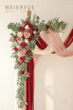 Deluxe Wine Red Artificial Wedding Arch Flowers with Drapes Kit-Pack of 5, 2pcs Flower Arrangements 3pcs Hanging Valance Red Ceremony Arbor Reception Backdrop Rose Floral Decorations.