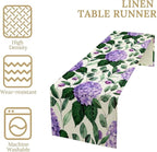Spring Hydrangea Flower Table Runner, Seasonal Summer Plants Eucalyptus Leaves Purple Florals Dinner Runner for Home Kitchen Dining Table Party Holiday Decoration 13"x70"