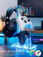 OAPRIRE Headset and Controller Stand with Lights, 3 Tier Acrylic Game Controller Holder, Controller and Headset Stand for Desktop,Universal Design Compatible with PS5/PS4/XBOX/SWITCH (Clear)